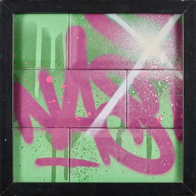 a picture of a picture of a pink and green piece of art