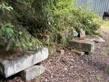 a concrete bench sitting in the middle of the woods