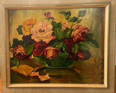 a painting of roses in a green bowl on a table