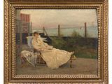 a painting of a woman in a white dress sitting on a chair