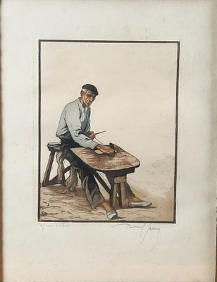 tableau représentant un homme assis sur un banc, en train d'écrire sur une feuille de papier