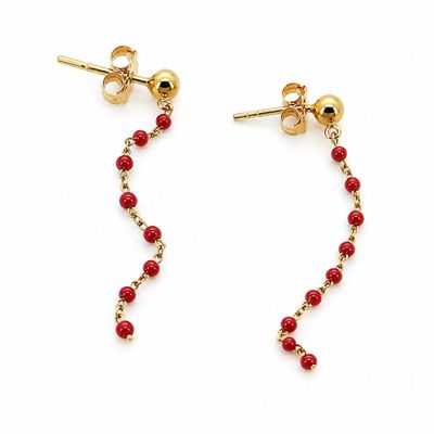 a pair of red beaded earrings on a white background