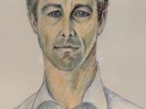drawing of a man in a white shirt with blue eyes