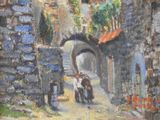 a painting of a man and a woman walking down a street