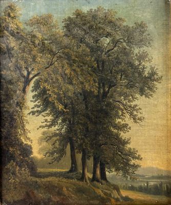 an image of a painting of two trees on a hill