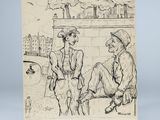 un dessin représentant deux hommes assis sur un banc devant un immeuble