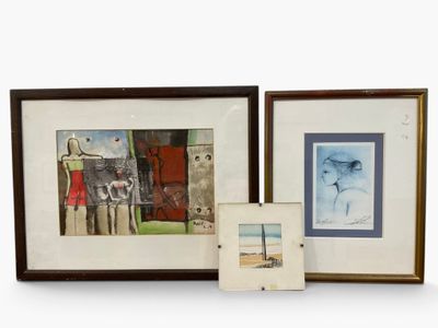 two framed pictures of a man and a woman on a beach