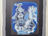 une image représentant un tableau où l'on voit un homme à cheval sur un fond bleu