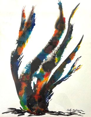 peinture abstraite représentant un arbre aux feuilles colorées sur fond blanc