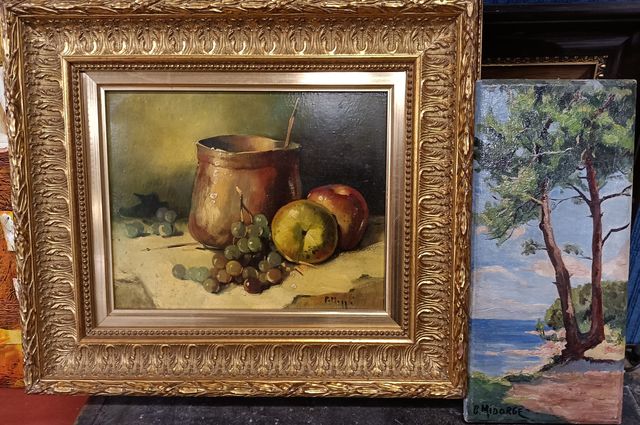 Deux huiles sur panneau. « Nature morte » et « paysage » signés