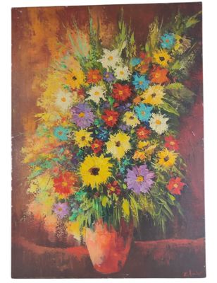 an oil painting of a vase of flowers on a table