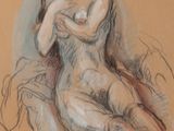 dessin représentant une femme nue assise sur un lit, le bras autour de sa poitrine