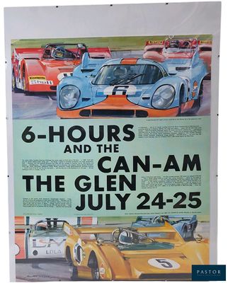 a poster of a race car and other race cars on display