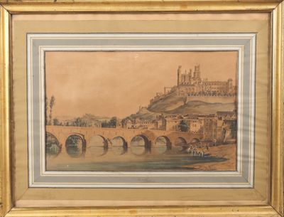 une image représentant un tableau où l'on voit un pont enjambant une rivière, avec un château en arrière-plan