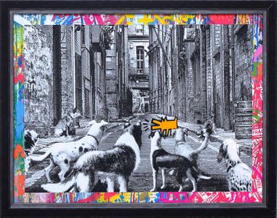 painting of a group of dogs in a city street with graffiti on the walls
