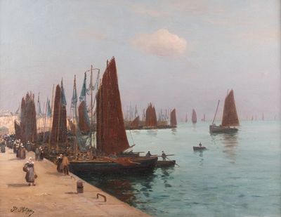 un tableau représentant un port avec des bateaux et des gens qui se promènent sur le rivage