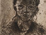 a black and white drawing of a woman ' s face