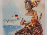 an old french travel poster of a woman in a dress and hat