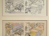 dessins représentant une scène de rue et une scène de rue dans un cadre