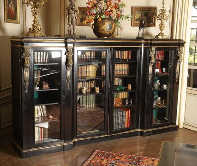an image of a room with a book case and a rug