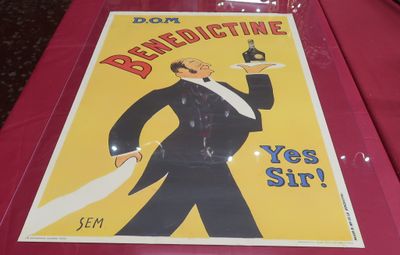 une affiche représentant un homme en smoking tenant une bouteille de vin