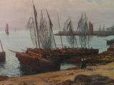 a painting of a harbor with boats in the water