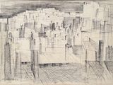 dessin au crayon représentant un paysage urbain avec des bâtiments en arrière-plan