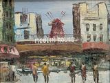 un tableau représentant des personnes marchant dans une rue, avec un moulin à vent en arrière-plan