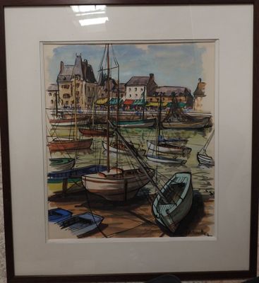 une image d'une peinture de bateaux dans un port