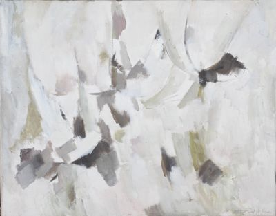 peinture abstraite représentant des oiseaux blancs et noirs volant dans le ciel