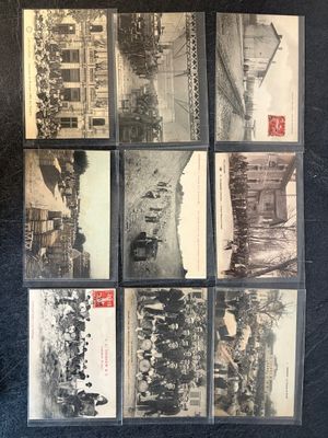 several old black and white photographs of people and buildings