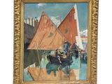 une peinture à l'huile représentant un homme dans un bateau sur un plan d'eau