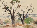 une aquarelle représentant deux arbres dans un champ