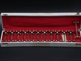 an old silverware set in a red case on a black background