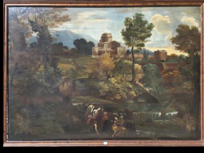 an oil painting of a landscape with a man and a woman in the foreground