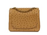 an ostrich leather handbag with a gold chain strap