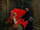 un tableau représentant un homme et une femme avec un parapluie rouge