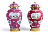 paire de vases chinois avec des oiseaux et des fleurs peints dessus