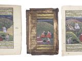 deux pages d'un livre sur lesquelles figure une peinture représentant un homme et une femme dans un paysage