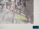 a painting on the wall of a building with a clock on it