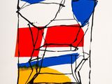 une image représentant une peinture d'une chaise rouge, blanche et bleue