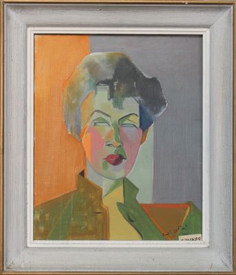une peinture à l'huile représentant une femme vêtue d'une veste verte et d'un chemisier jaune