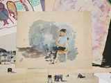 many pictures of people sitting on a chair in a pile