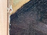 a close up of a painting of a woman ' s face