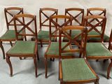 set of six antique dining chairs with green upholstered seats
