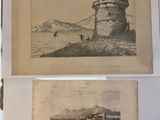 two old black and white photos of a castle on a hill