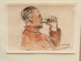 drawing of a man drinking a glass of wine in front of a wall
