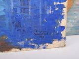 a painting of a blue building with a sky background