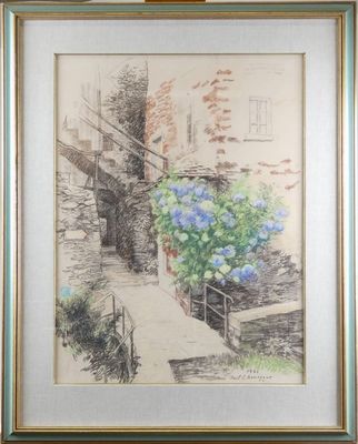 painting of hydrant and stairs in front of a building in a frame