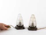 two lamps that are on a table with a person holding a mouse